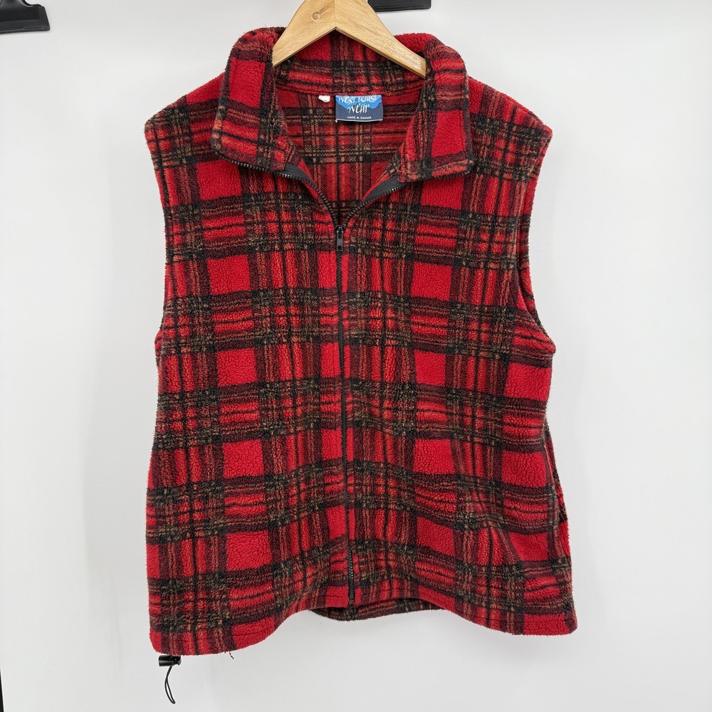 West Coast Vest Mens Large Red Black Plaid Fleece Full Zip Pockets Drawcord